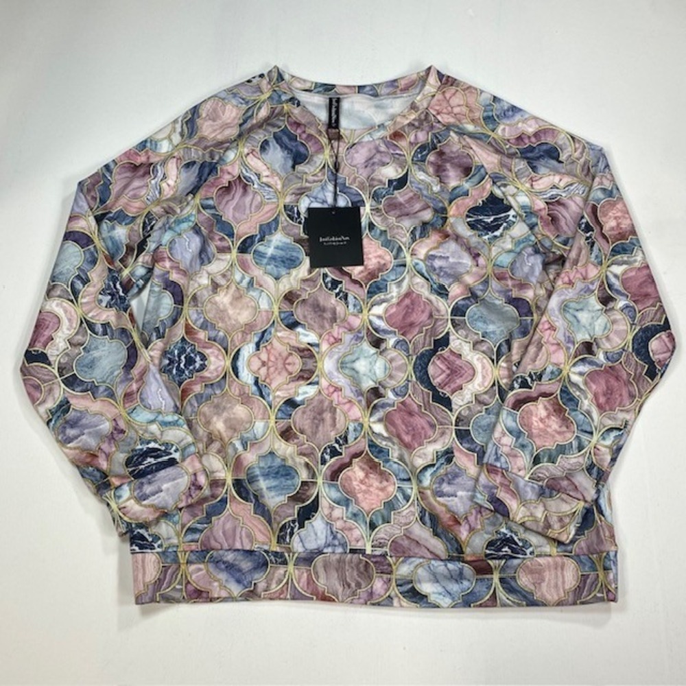 JustFashionNow XL‎ Sweatshirt Womens Pink Blue Marble Quatrefoil Print Pullover